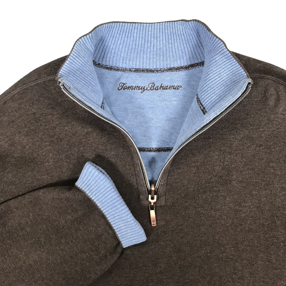 Tommy Bahama Reversible Quarter Zip Sweater Mens XL Brown Blue Pullover Knit